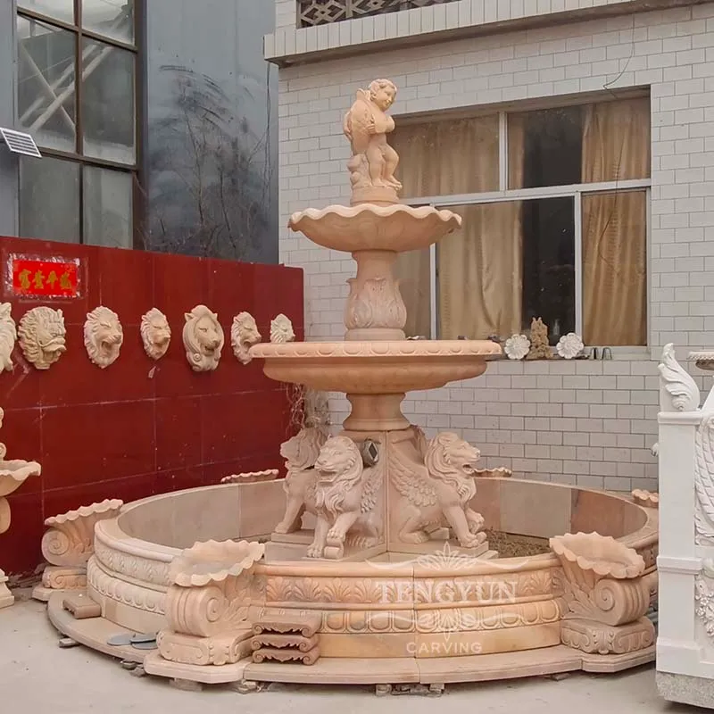 Three-Tier Marble Garden Fountain with Lion Statues