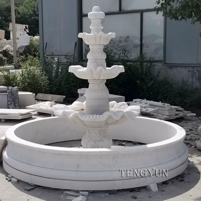 Elegant Hand-Carved Three-Tier White Marble Fountain