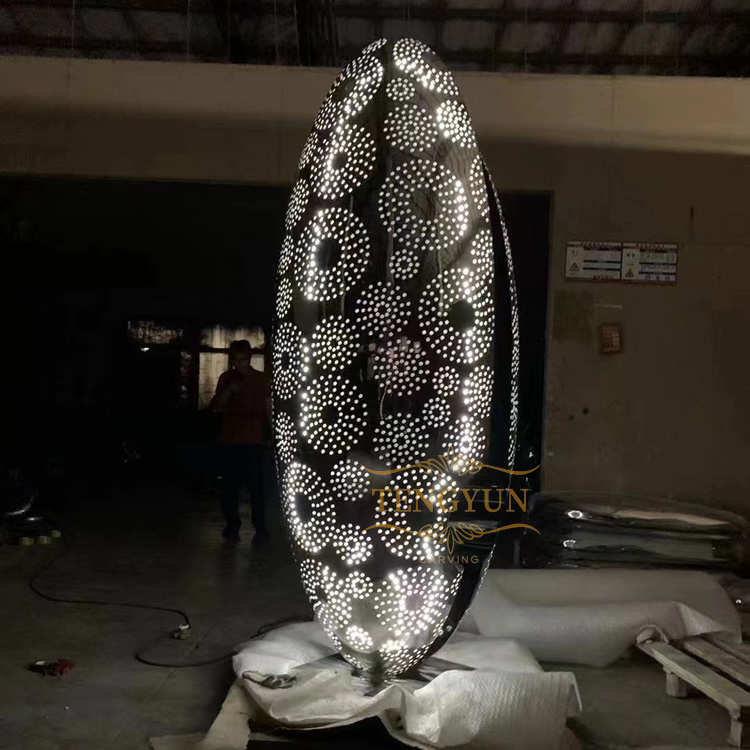 Big size LED light oval-shaped outdoor sculpture hollow stainless steel sculpture