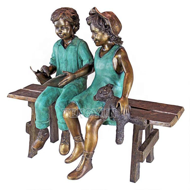 Boy and girl reading book on bench bronze sculptures children statue (1)