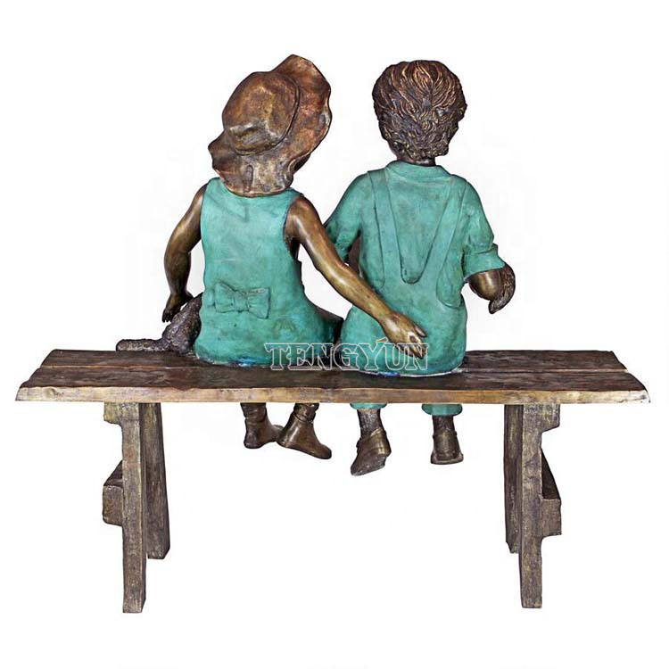 Boy and girl reading book on bench bronze sculptures children statue (2)