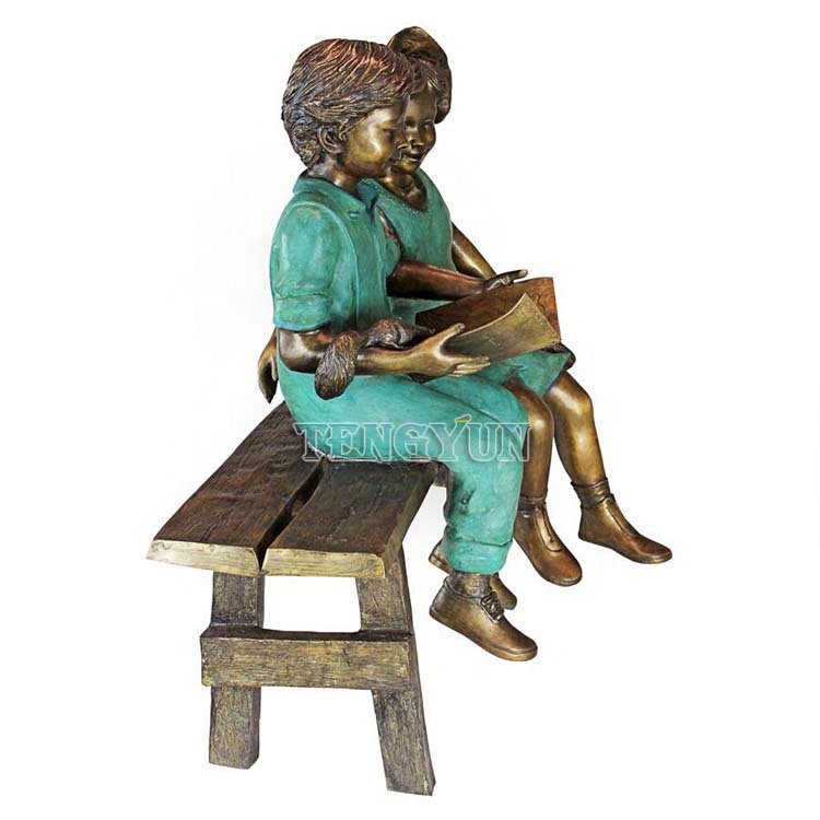 Boy and girl reading book on bench bronze sculptures children statue (4)