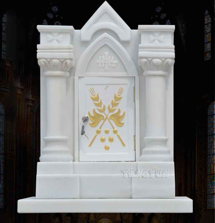 Church Decorative Large Size White Marble Corpus Cabinet Stone Sacred Reading Table Baptistery (2)