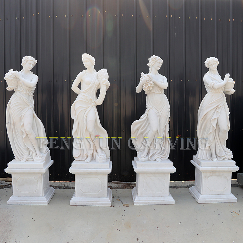 Classical Stone Hand Carved Four Seasons Statuary White Marble Four Season Garden Art Statues (2)