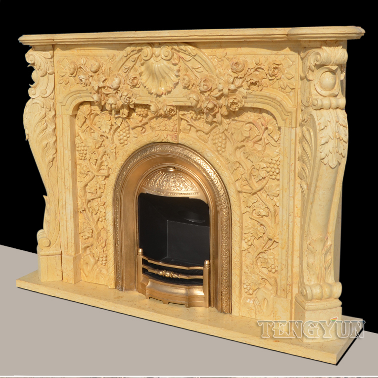 Cultured Stone Fireplace Mantel Shelf Continental Insert Egypt Beige Yellow Marble Corner Electric Fireplace (9)