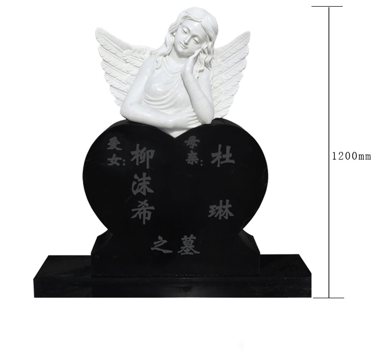 Custom Tombstone White Marble Angel Statue With Black Granite Heart Shap Heastone For Cemetery (2)