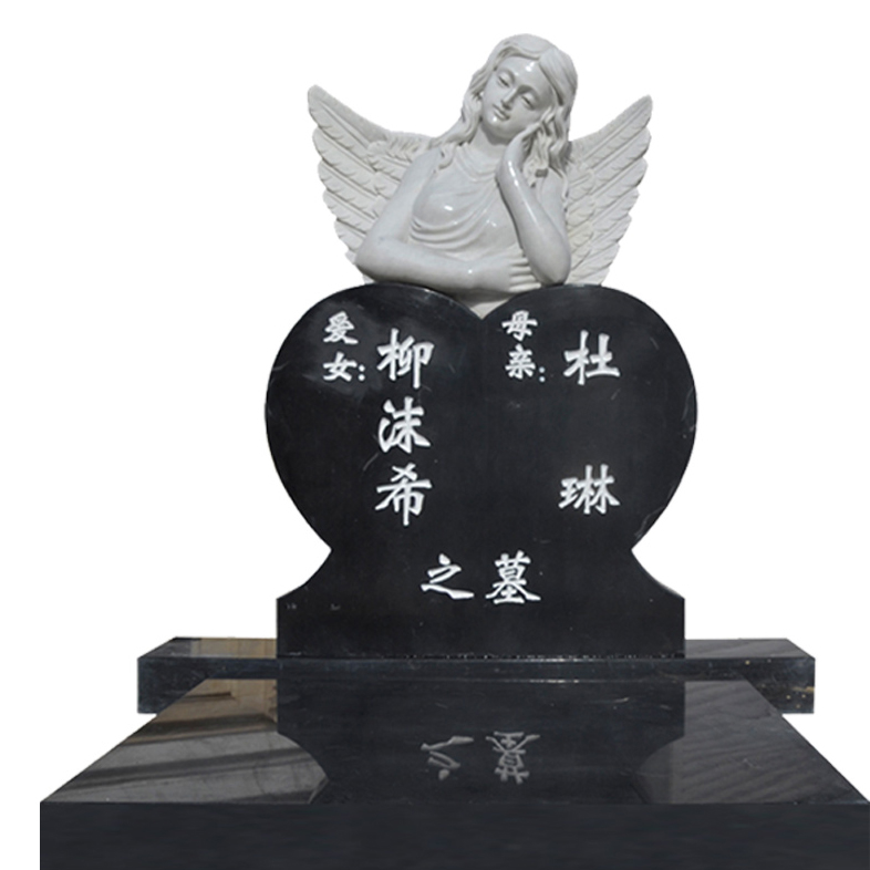 Custom Tombstone White Marble Angel Statue With Black Granite Heart Shap Heastone For Cemetery (3)