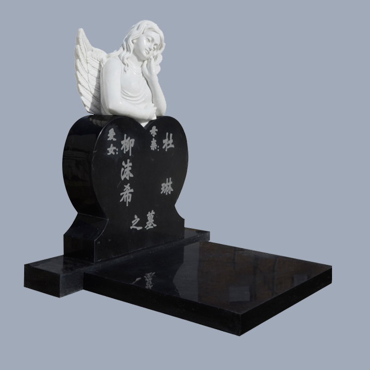 Custom Tombstone White Marble Angel Statue With Black Granite Heart Shap Heastone For Cemetery (5)