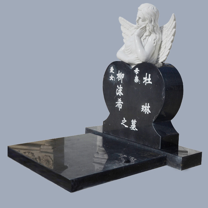 Custom Tombstone White Marble Angel Statue With Black Granite Heart Shap Heastone For Cemetery (6)