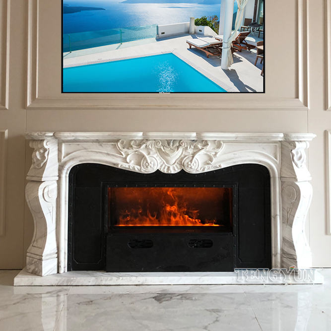Custom Volakas White Marble Fireplace Surround Home Modern Large Size White And Black Granite Mantels (5)