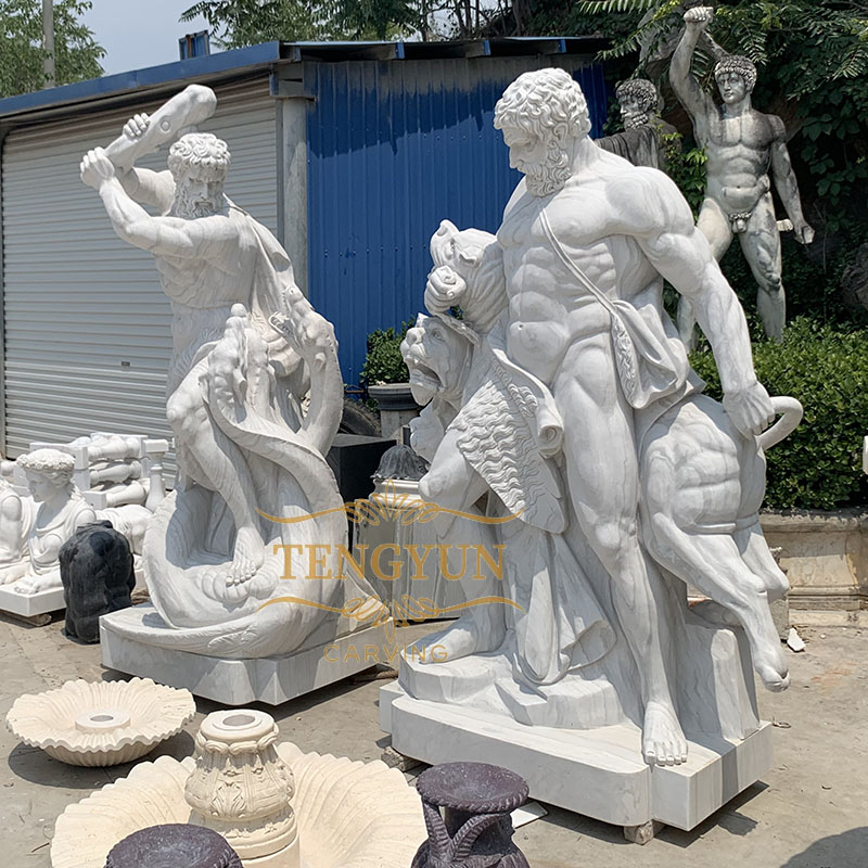 Custom famous greek sculpture white marble Hercules fighting Hydra statue Hercules and Cerberus  (1)
