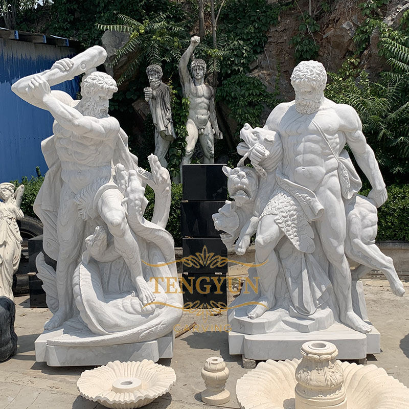 Custom famous greek sculpture white marble Hercules fighting Hydra statue Hercules and Cerberus  (3)