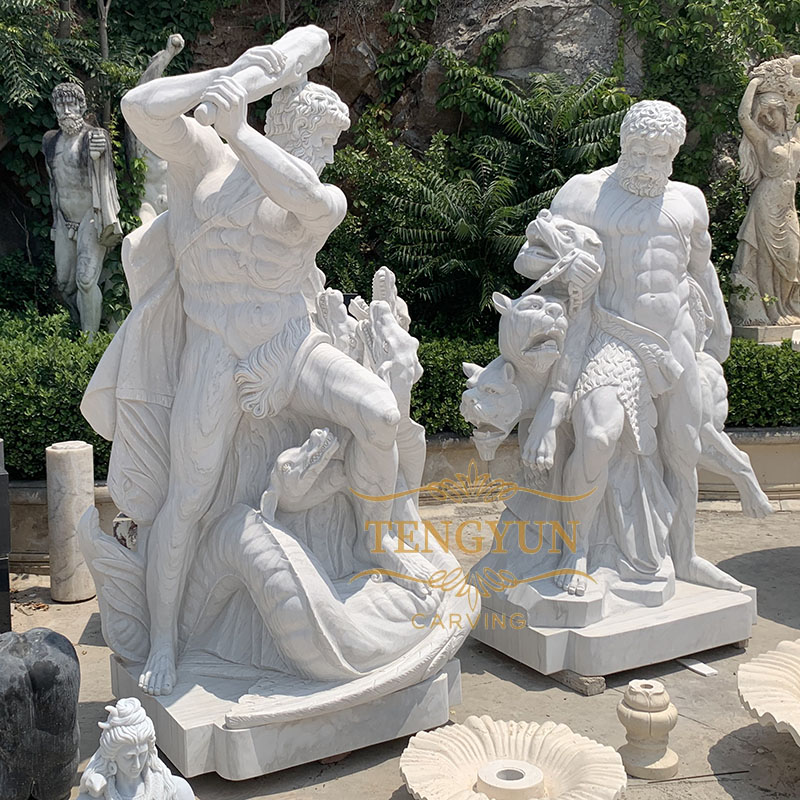 Custom famous greek sculpture white marble Hercules fighting Hydra statue Hercules and Cerberus  (5)