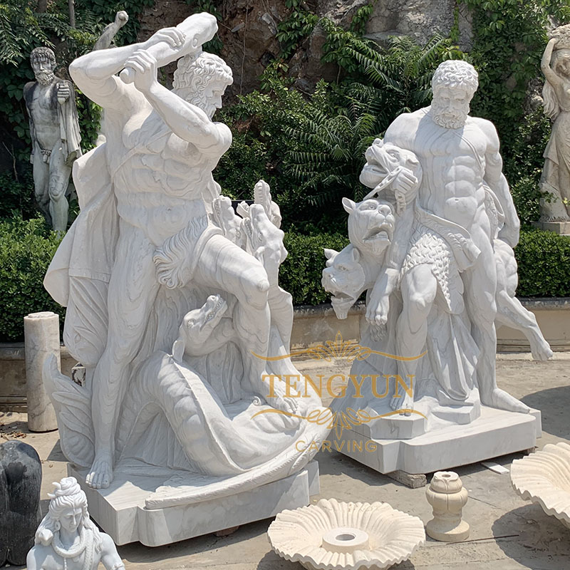 Custom famous greek sculpture white marble Hercules fighting Hydra statue Hercules and Cerberus  (6)
