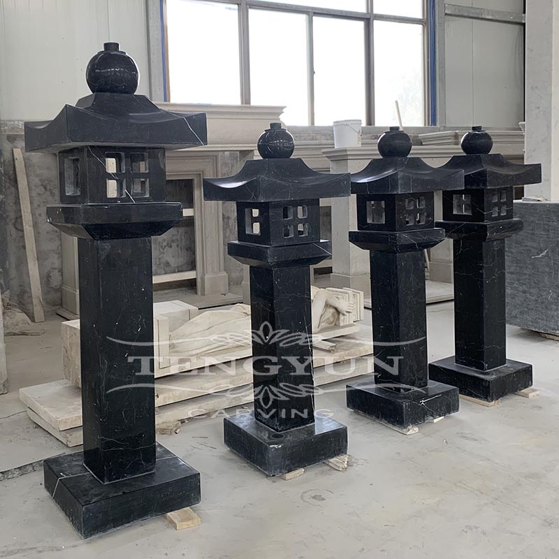 Garden courtyard decorative Chinese stone lamp Nero Marquina marble lantern for sale (5)