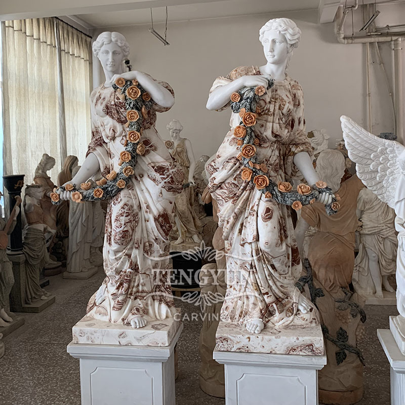 Garden outdoor decor natural marble flower lady statue hand carved mix marble female figure sculpture  (3)