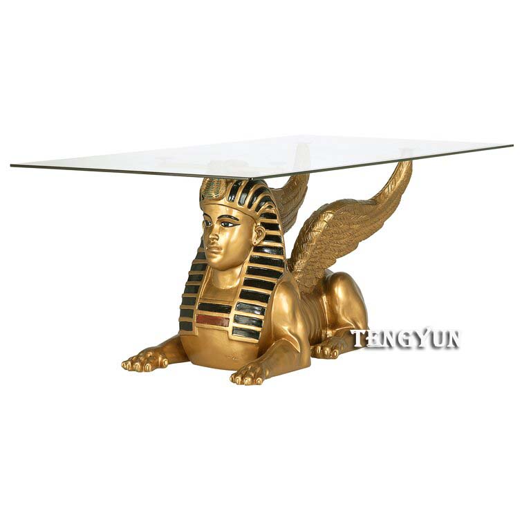 Glass topped sculpture table kristopher figurine coffee table golden Egyptian winged sphinx sculpture table (3)