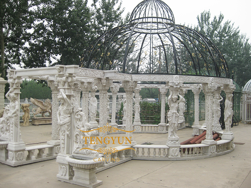 Grand luxury ornate statuary garden gazebo greek maidens white marble gazebos grecian goddess gazebo (5)