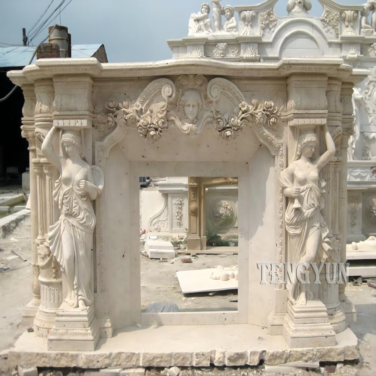 Home Decorative Marble Fireplace Mantel With Female Statues (5)(1)