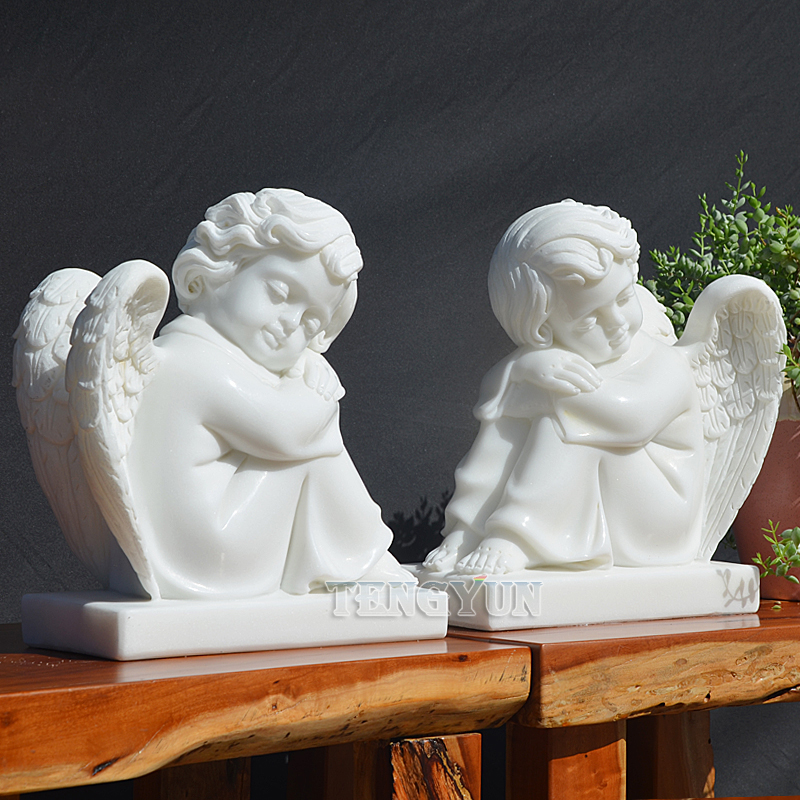 Home Decorative Small Size Marble Cherub Statues Stone Sitting Sleeping Little Angel Sculpture (2)