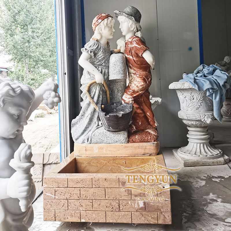 Indoor floor ornament marble children statue fountains courtyard boy and girl statues stone water fountain (2)