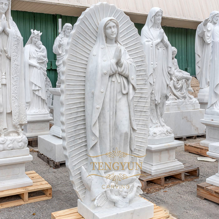 Large Size Natural Stone Our Lady Of Guadalupe Statue White Marble Hand Carved Religious Sculpture For Sale