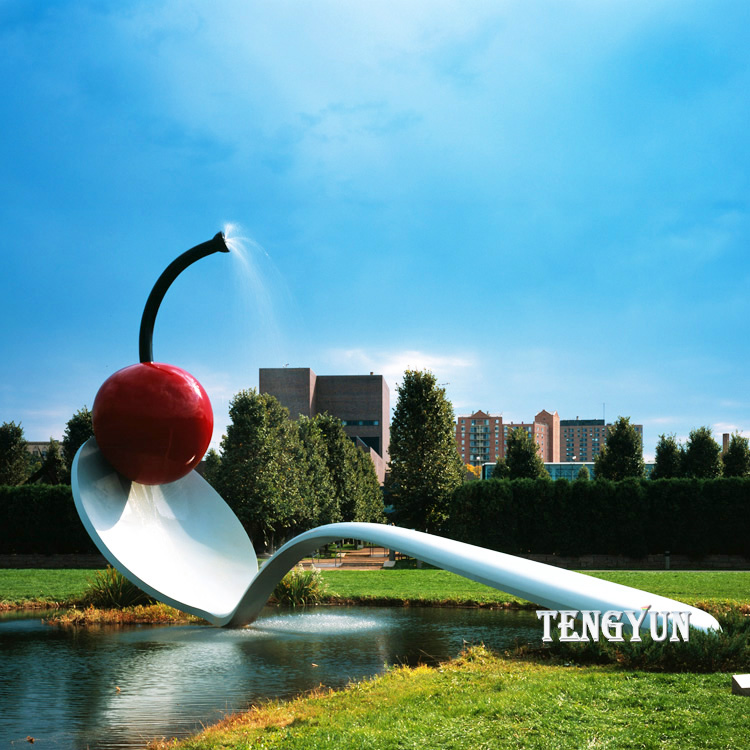 Large garden metal spoon and strawberry stainless steel outdoor sculpture water fountain