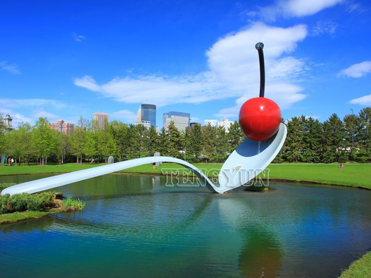 Large garden metal spoon bridge and cherry stainless steel outdoor sculpture water fountain (3)