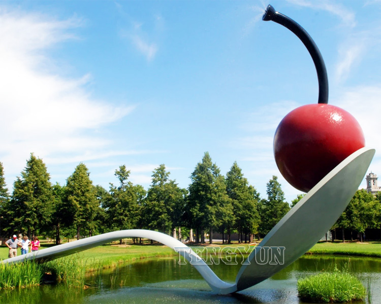 Large garden metal spoon bridge and cherry stainless steel outdoor sculpture water fountain (4)