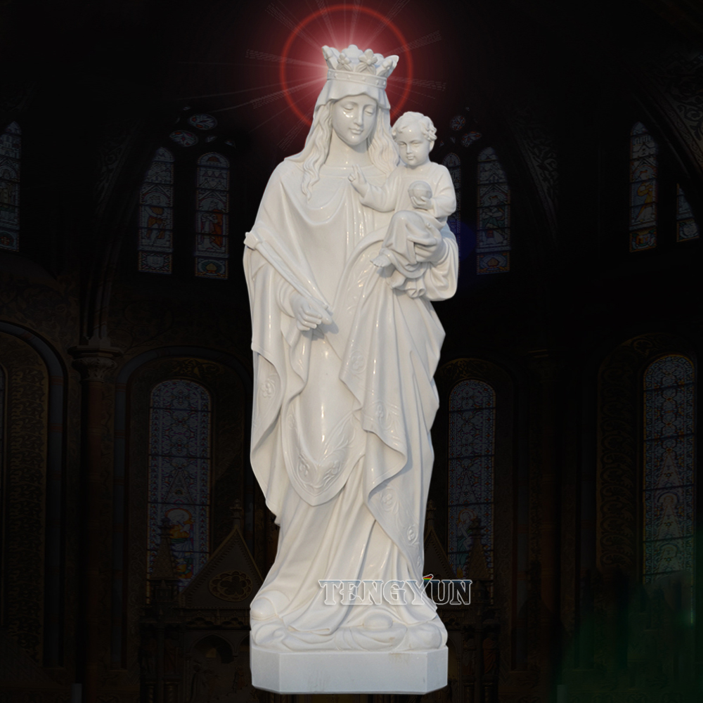 Life Size Natural White Marble Mother Virgin Mary Statue Holding Baby Jesus Statue (1)