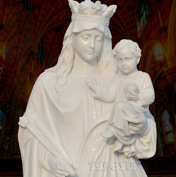 Life Size Natural White Marble Mother Virgin Mary Statue Holding Baby Jesus Statue (3)