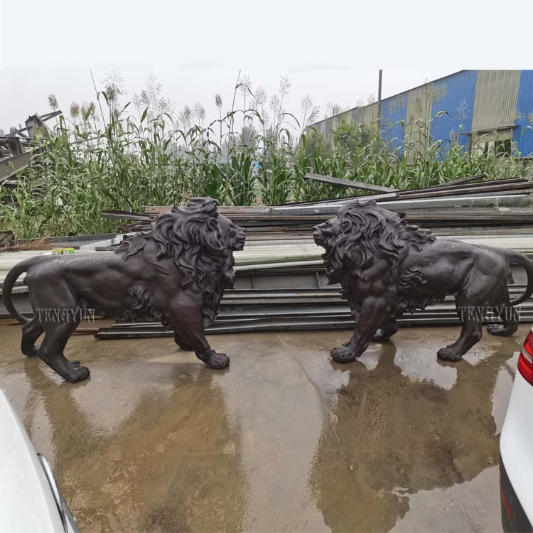 Life size pair of metal animal statue garden bronze lion sculpture for front door decoration (7)