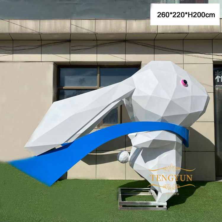 Luxury modern large abstract arts statue geometric animal rabbit with cloud stainless steel sculpture (1)