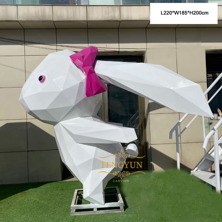 Luxury modern large abstract arts statue geometric animal rabbit with cloud stainless steel sculpture (2)