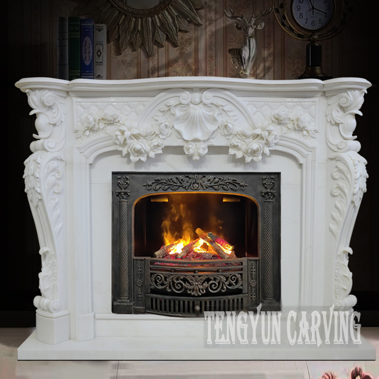 Marble Fireplace European Rose Flower Stone Mantel For Villa Living Room Interior Decoration (2)