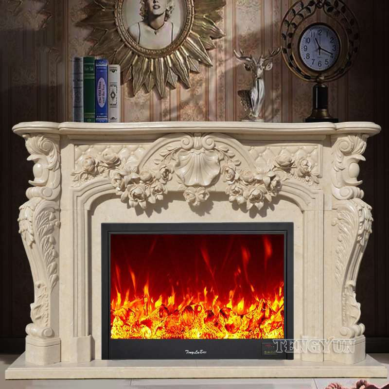 Marble Fireplace European Rose Flower Stone Mantel For Villa Living Room Interior Decoration (7)