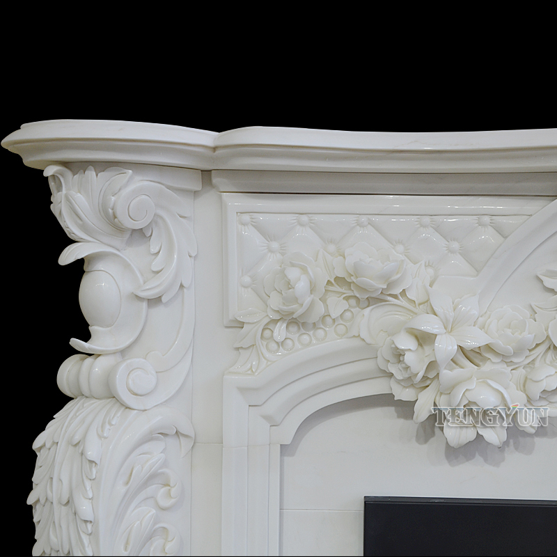 Marble Fireplace European Rose Flower Stone Mantel For Villa Living Room Interior Decoration (8)