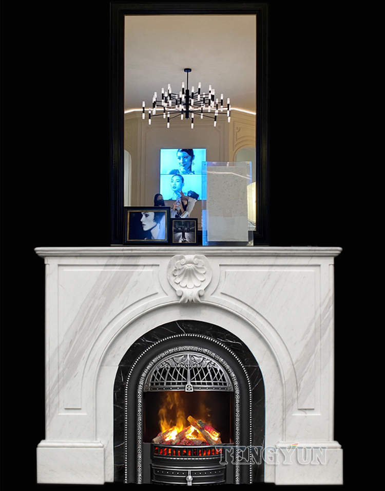 Marble Fireplace French Arch Stone Mantel Carved Retro Porch Living Room Background Wall Decorative Cabinet (1)