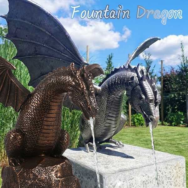 Medieval winged dragon sculpture garden flying bronze dragon statue water fountain (2)