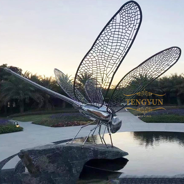 Metal Garden Insect Crafts Big Size Flying Stainless Steel Dragonfly Garden Pool Decoration