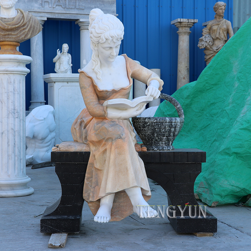 Natural Marble Carved Life Size Sitting Reading Girl Statue For Outdoor Decoration