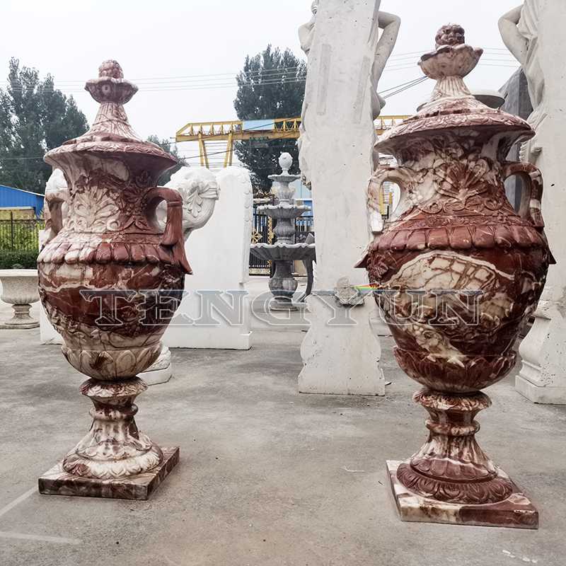 Outdoor Decor western style pair of chicken red marble flower pot garden stone planter for sale (1)