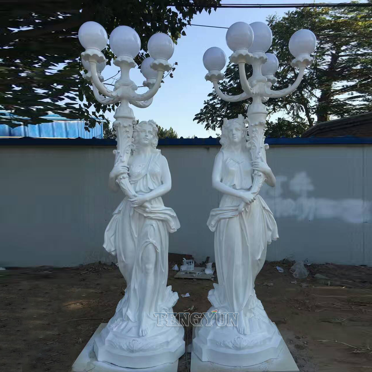 Outdoor Decorative Pair Of Fiberglass Large Size Female Statue Lamp Sculpture For Sale (1)