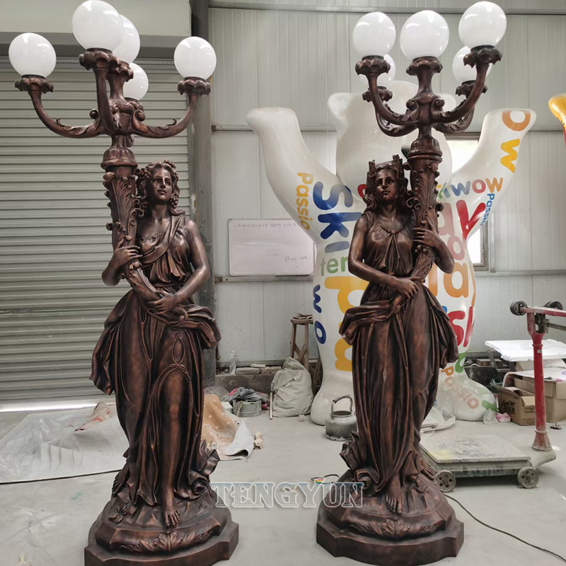Outdoor Decorative Pair Of Fiberglass Large Size Female Statue Lamp Sculpture For Sale (4)