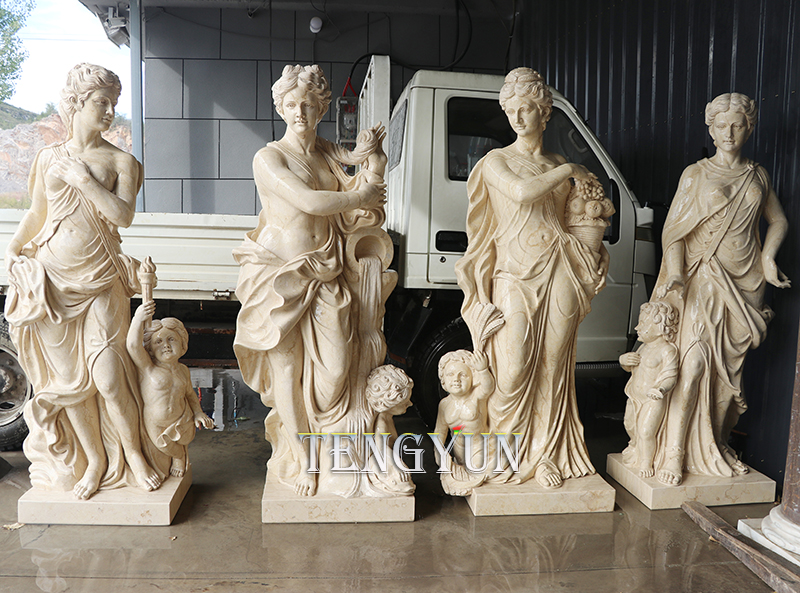 Outdoor Garden Lady Greek Statues White Marble Hand Carved Female With Boy Four Seasons Statue (1)