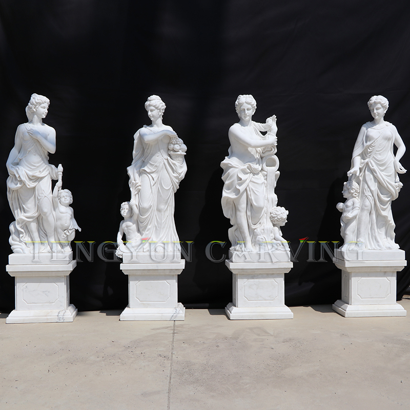 Outdoor Garden Lady Greek Statues White Marble Hand Carved Female With Boy Four Seasons Statue (2)