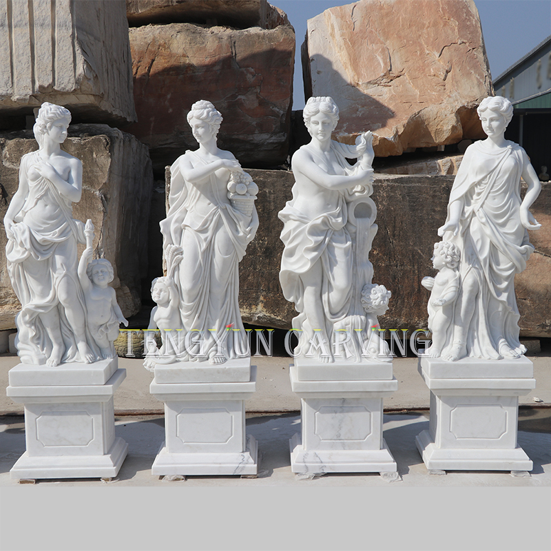 Outdoor Garden Lady Greek Statues White Marble Hand Carved Female With Boy Four Seasons Statue