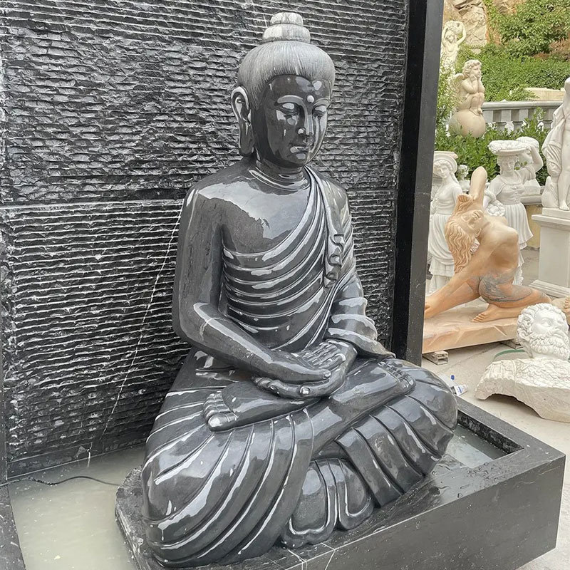 Outdoor natural stone black marble carved Buddha fountains statue wall water feature (1)