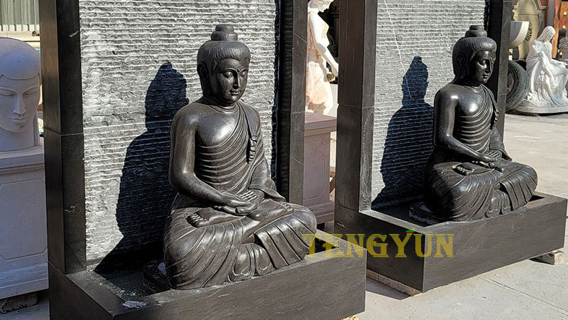 Outdoor natural stone black marble carved Buddha fountains statue wall water feature (3)