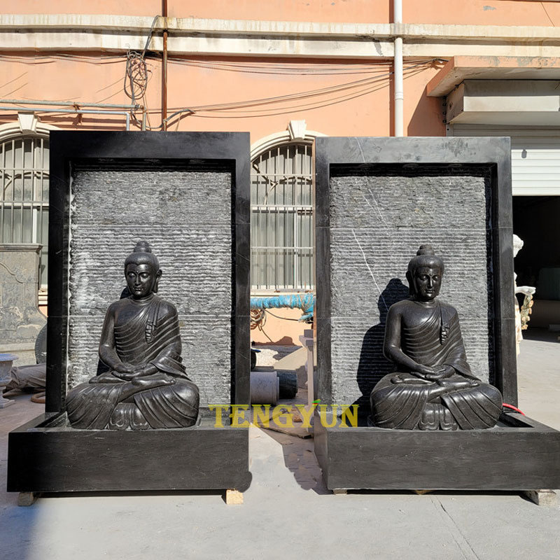Outdoor natural stone black marble carved Buddha fountains statue wall water feature (4)